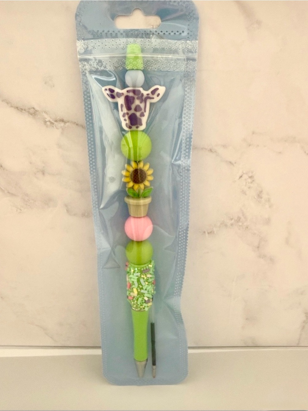 🌼🦒HANDMADE GREEN GIRAFFE & SUNFLOWER RHINESTONE BEADED PEN😍